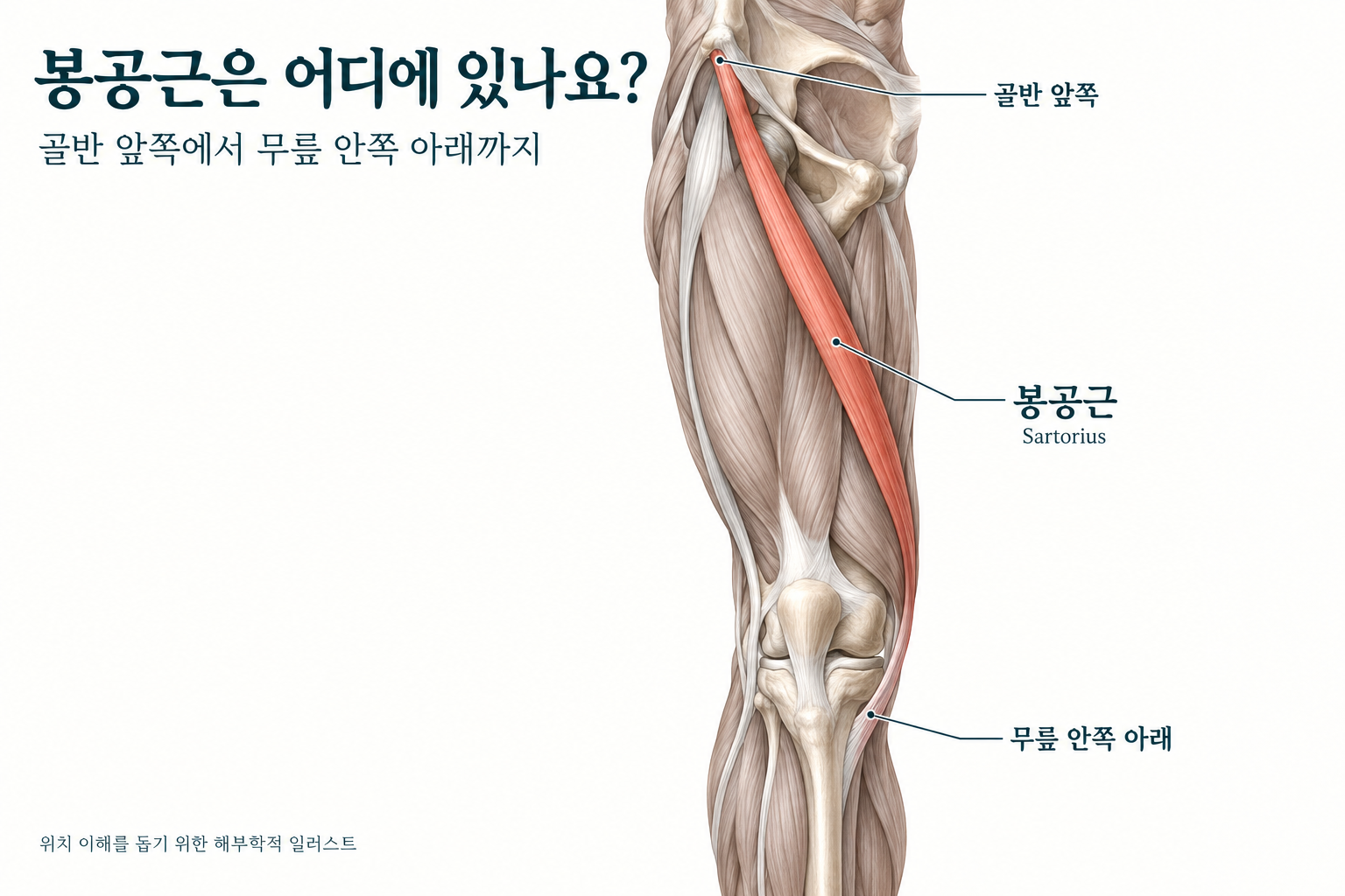 골반 앞쪽에서 허벅지를 비스듬히 지나 무릎 안쪽 아래로 이어지는 봉공근 위치